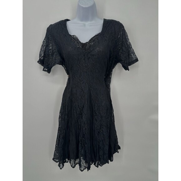 Vintage Black Lace Maxi Dress Women L Whimsigoth Victorian Witchy Gothic Vampire - Picture 1 of 12